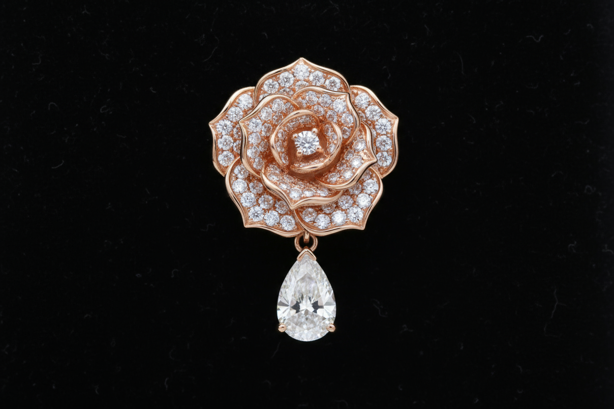 close up shot of a fine jewelry rose gold earring with diamond on a black background