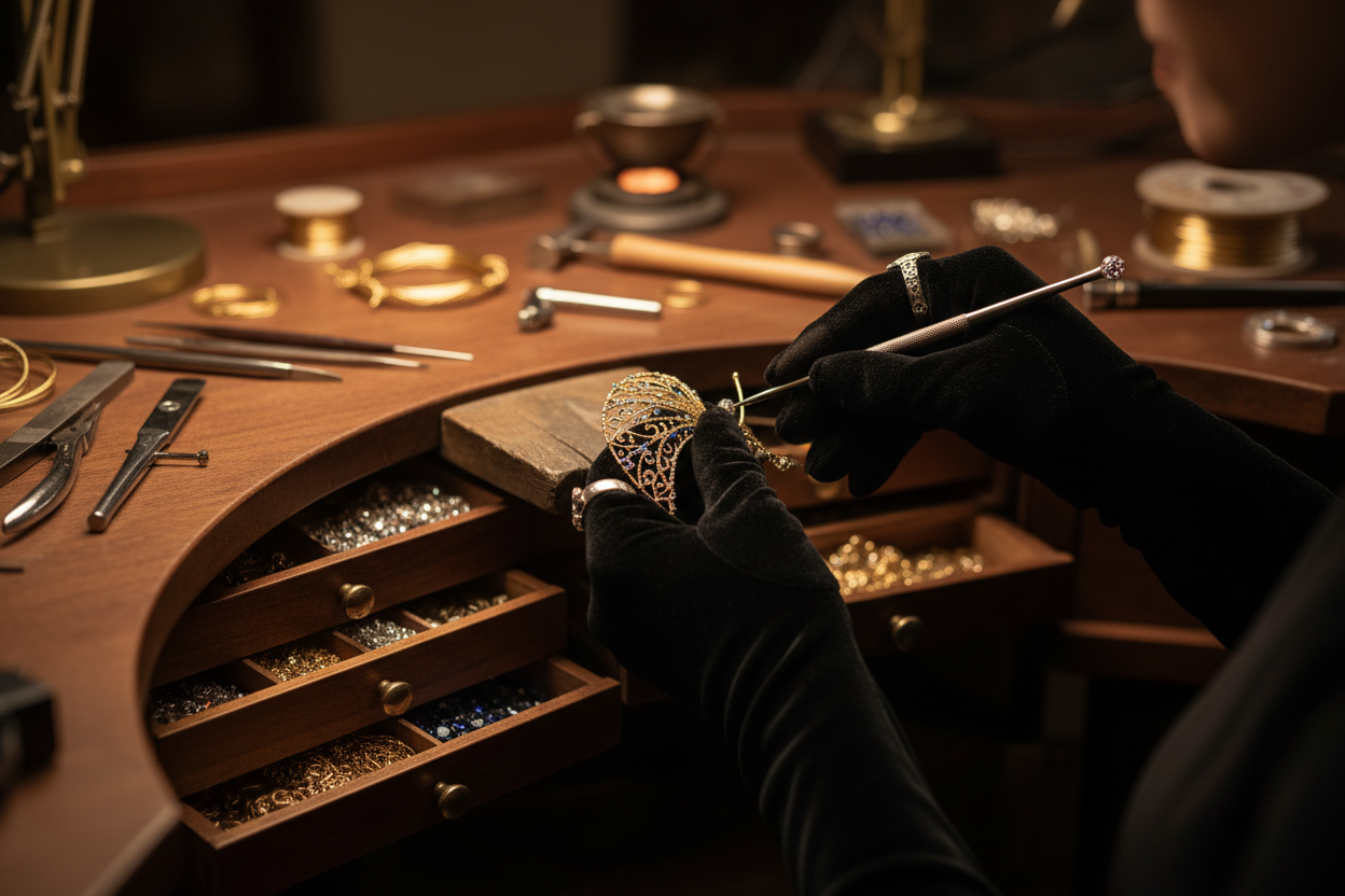 crafting a jewerlry with black gloves