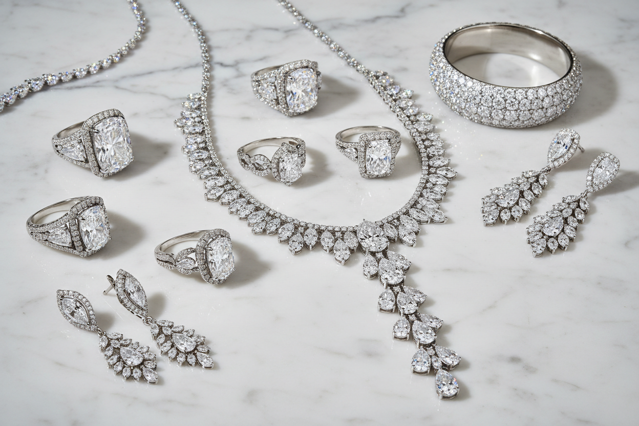 custom fine jewelries with lots of diamonds on a marble background