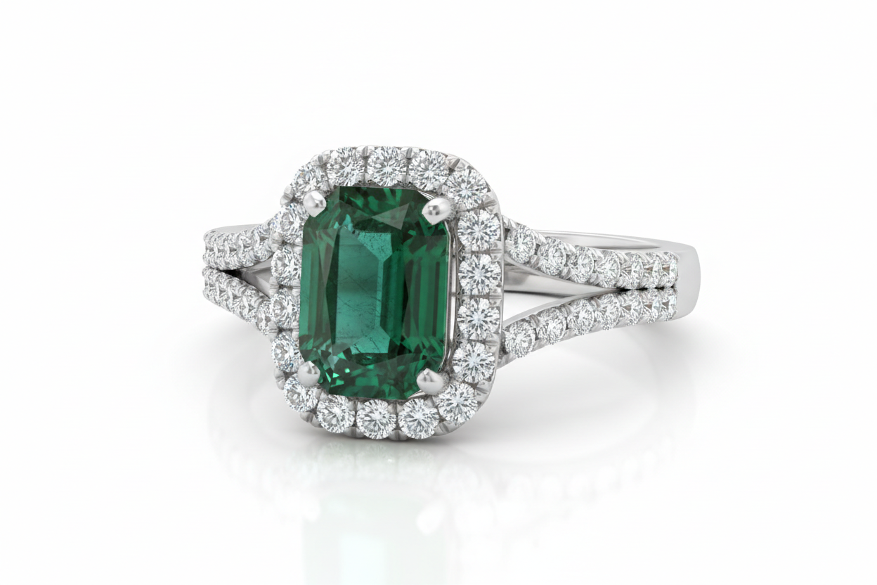 diamnod wedding ring with green stone with white background