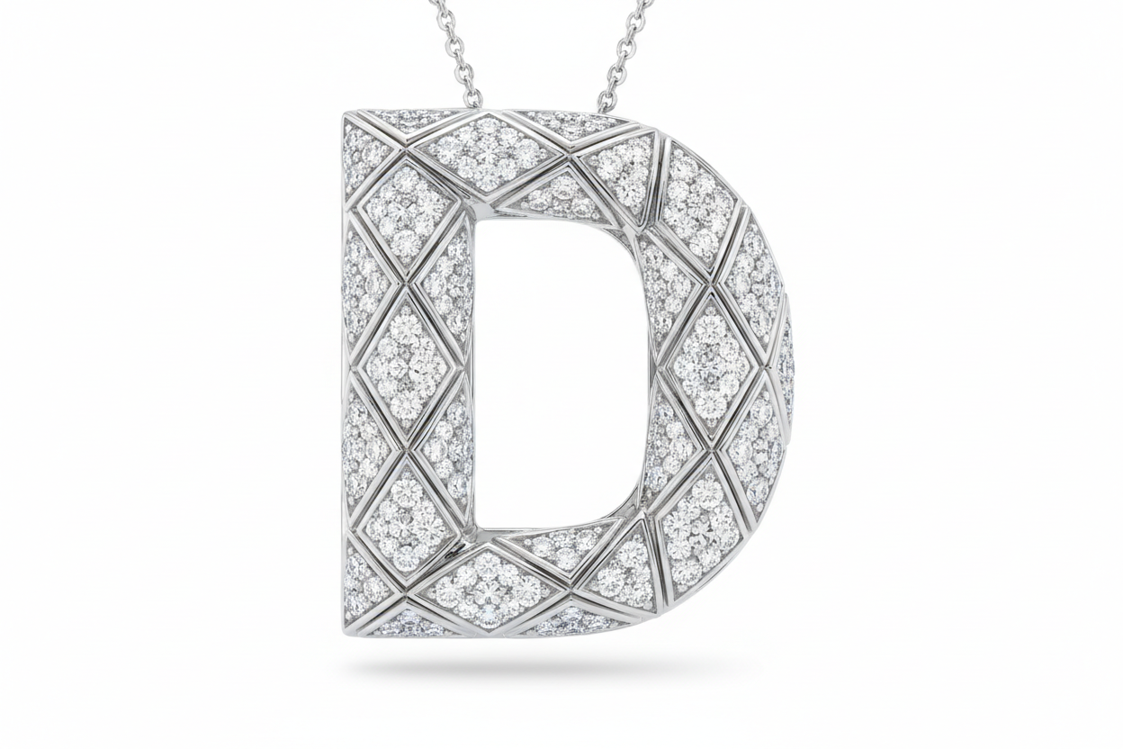 diamomnd plated pendant in shape of D with white background