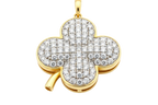 zoomed in picture of a diamond plated 4-clove pendant on gold base on white background