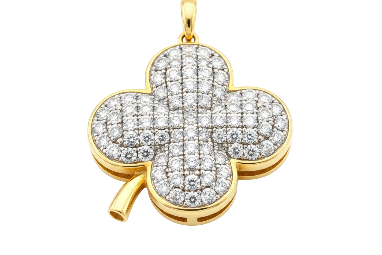 zoomed in picture of a diamond plated 4-clove pendant on gold base on white background
