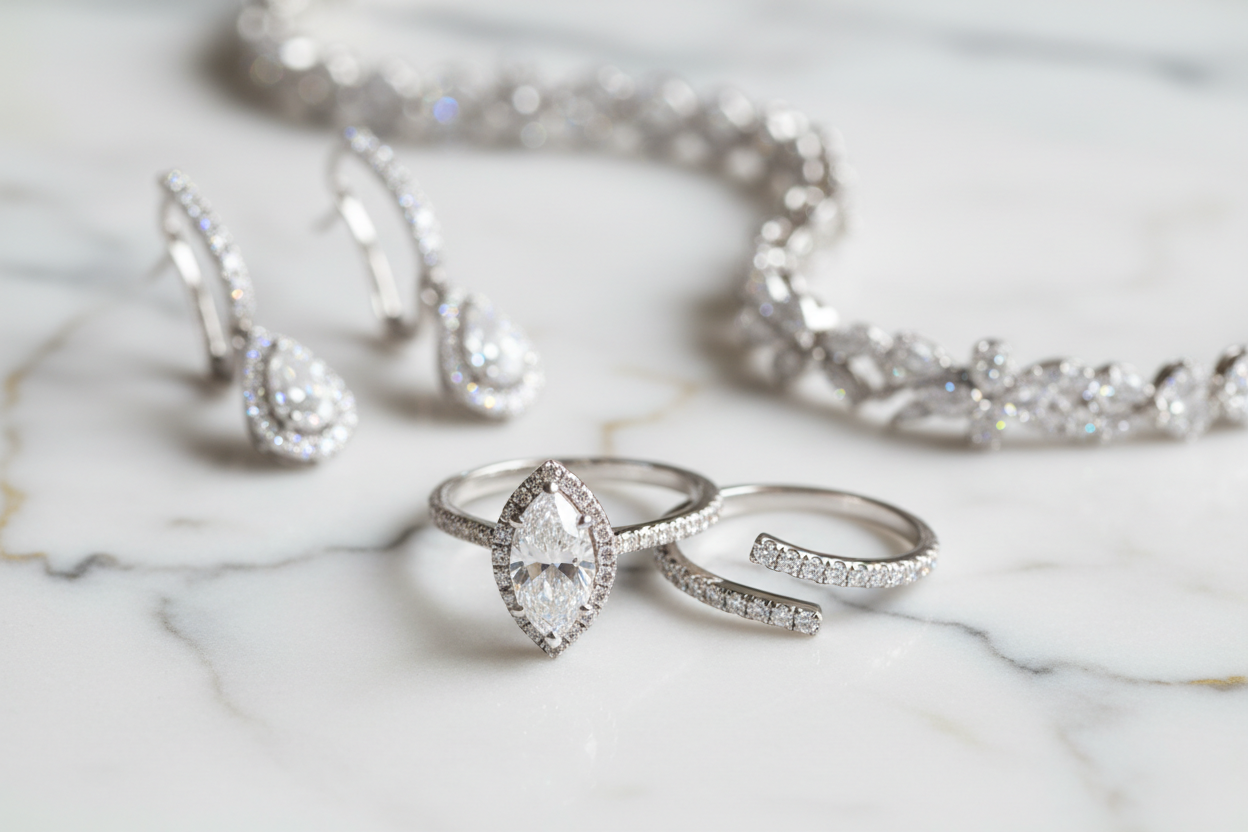 zoomed in picture of a fine jewerly bridal on white marble