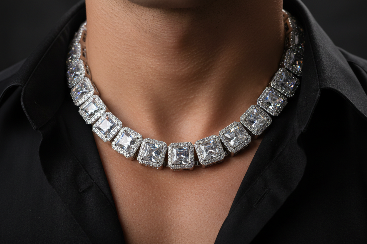 zoomed in product picture from moissanite cuban links on man model